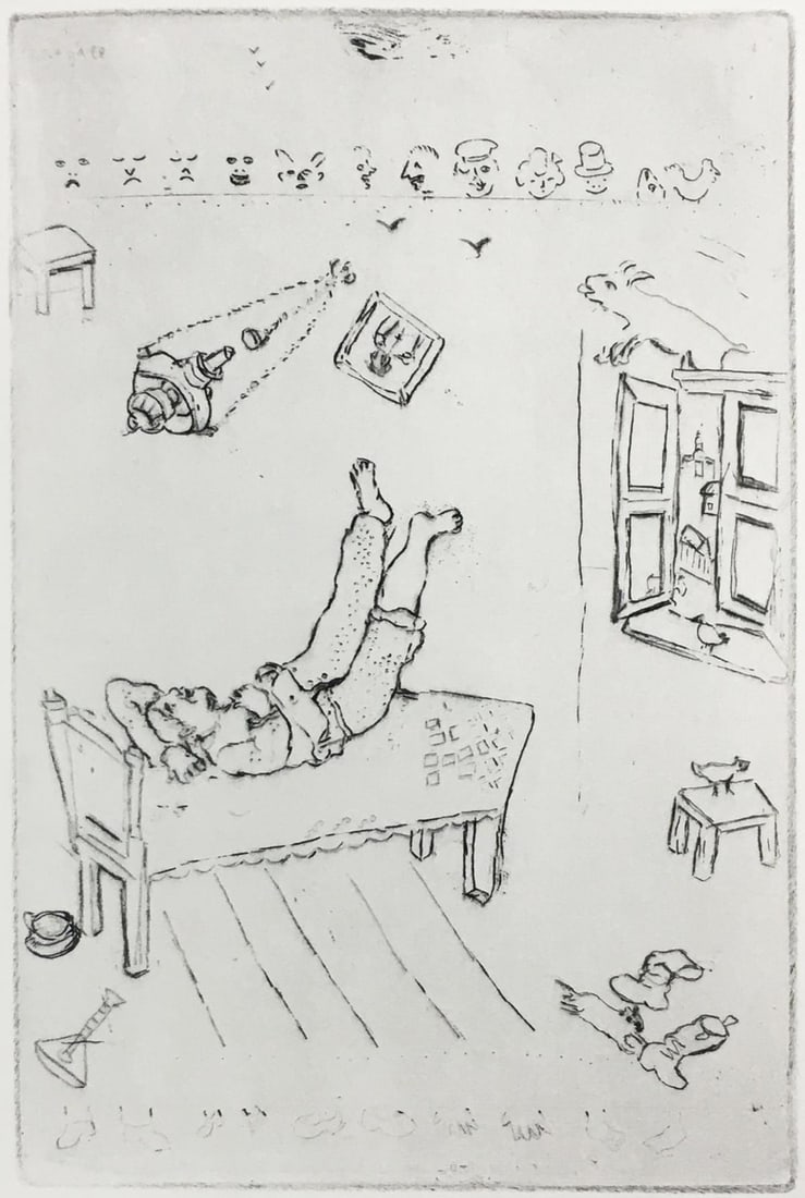 Marc Chagall - Sloth I: Artist: Marc ChagallTitle: Sloth IYear: 1926Dimensions: 9 13/16in. by 7 3/8in.Edition: From the Rare Limited Edition of 300Publisher: Simon Kra ParisSuite: Les Sept Peches Capitaux (The Seven Deadly