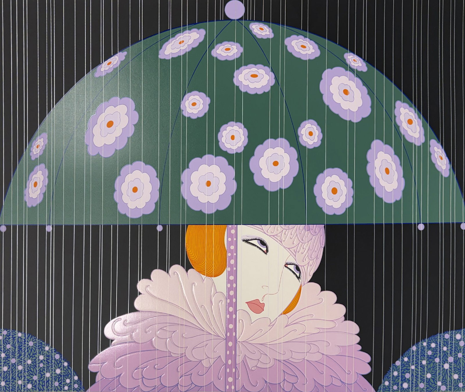 Erte - Spring Showers: Artist: ErteTitle: Spring ShowersYear: 1984Dimensions: 31 x 36 3/4 in.Edition: from the limited edition of 300Publisher: Chalk & Vermilion Fine Arts, Ltd. Medium: Serigraph in colors with embossment