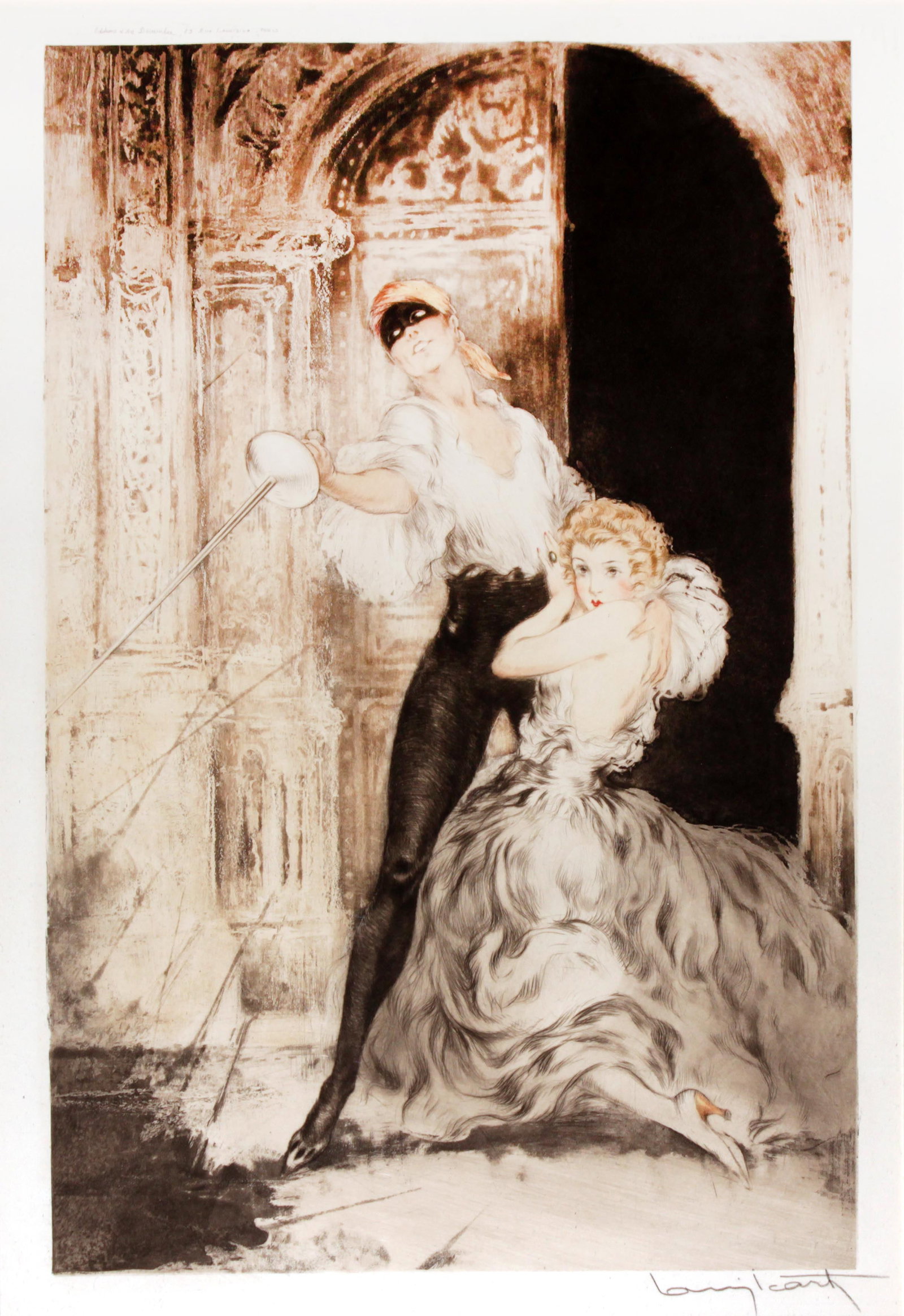 Louis Icart - Don Juan: Artist: Louis IcartTitle: Don JuanYear: 1928Dimensions: 20.25in. by 13.25in.Edition: from the rare limited editionMedium: Original drypoint etching with hand coloring on paperCondition: