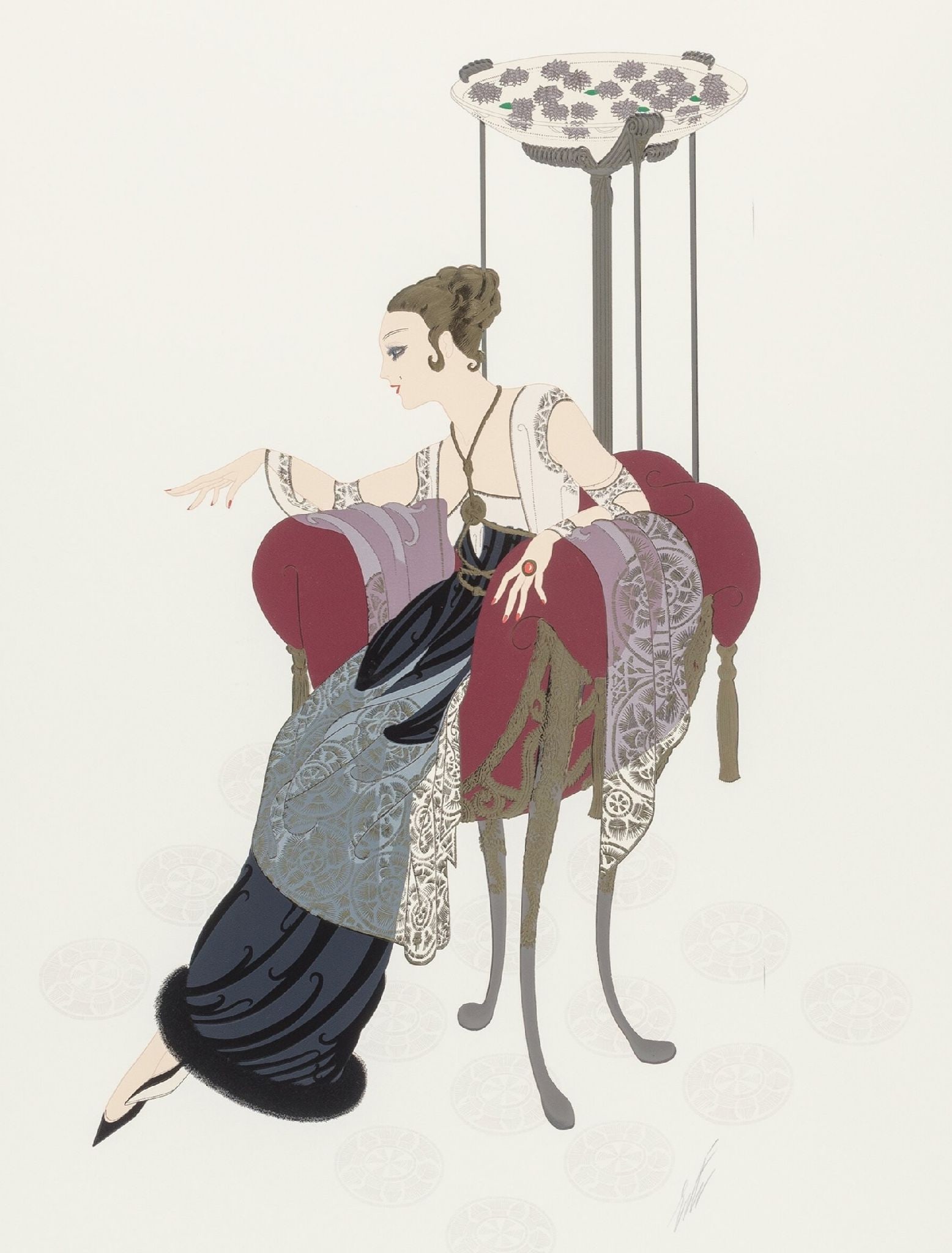 Erte - Lilies and Lace: Artist: Erte Title: Lilies and Lace Year: 1987 Dimensions: 40 3/4 x 28 1/2 in. Edition: from the limited edition of CL Publisher: Chalk & Vermilion Fine Arts, Ltd.</