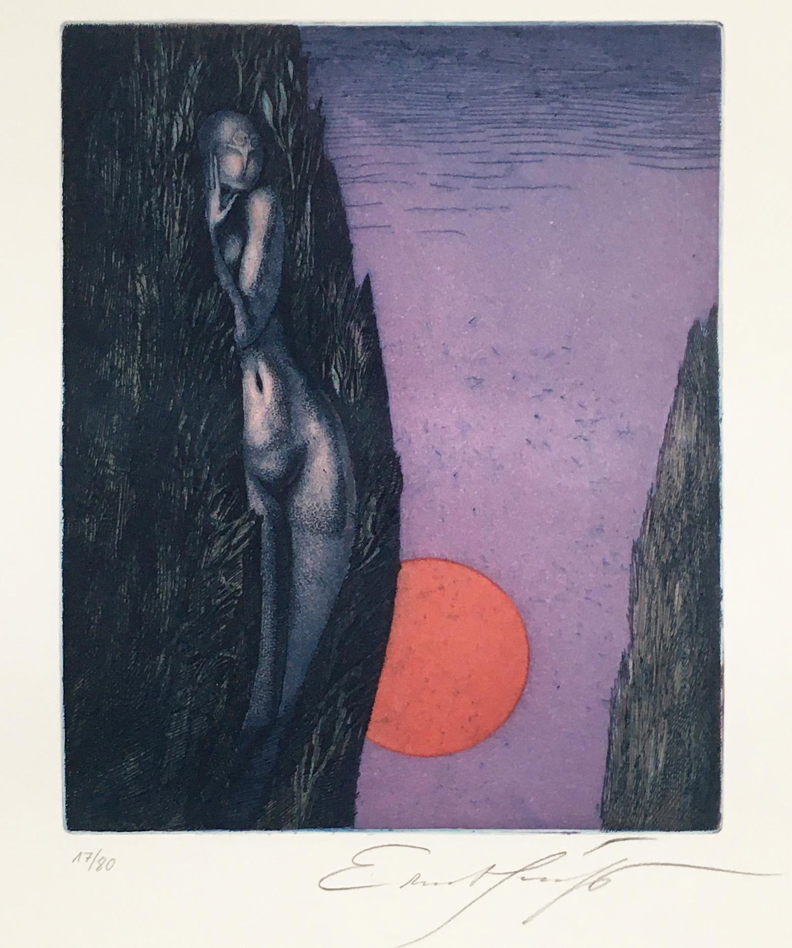 Ernst Fuchs - Untitled (Figure in a Landscape): Artist: Ernst FuchsTitle: Untitled (Figure in a Landscape)Year: 1971Dimensions: 25 3/4in. by 19 1/2in.Edition: Numbered from the Rare Limited Edition of 80Publisher: Propylaen Verlag BerlinSuite: