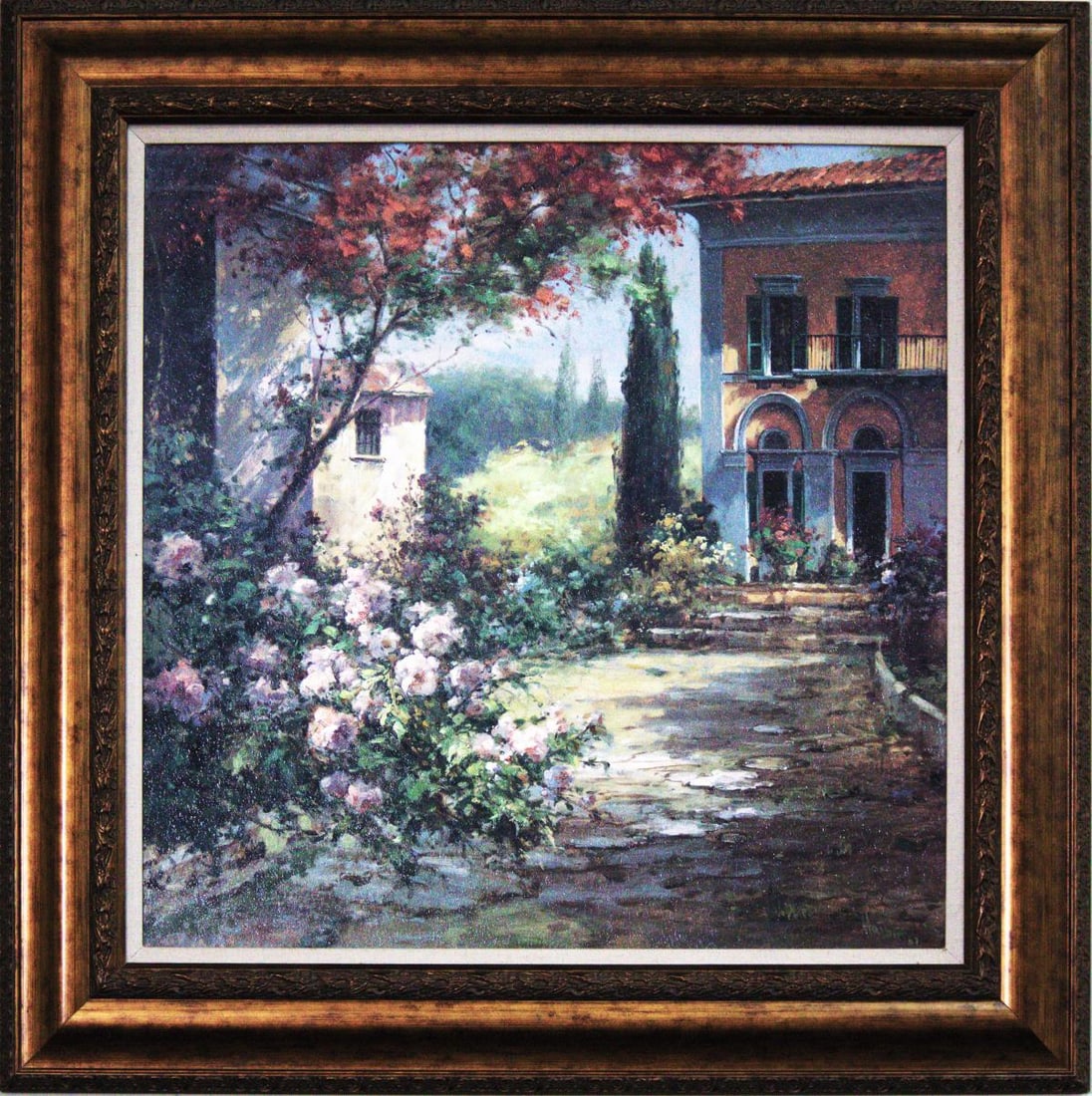 Haibin - House on the Hill: Artist: HaibinTitle: House on the HillYear: 2002Dimensions: 31in. by 31in.Edition: One-of-a-kind Original work of artMedium: Acrylic painting on canvasCondition: ExcellentSignature Details: Hand