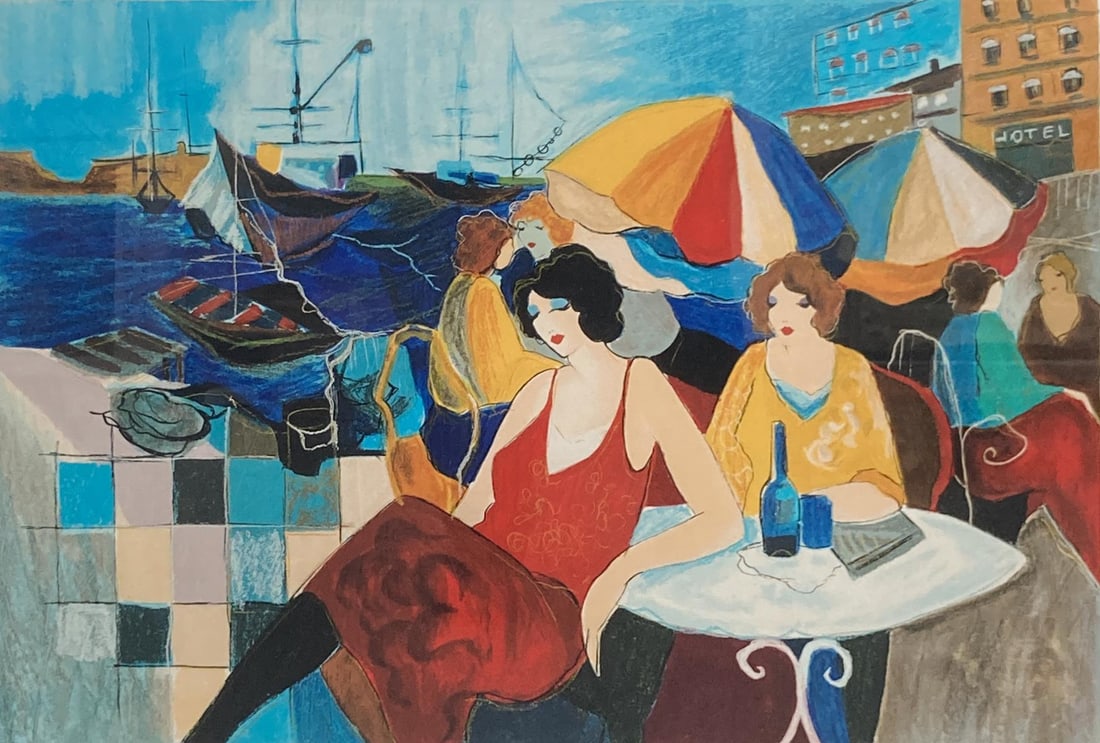 Itzchak Tarkay - Afternoon by the Water: Artist: Itzchak Tarkay Title: Afternoon by the Water Dimensions: 30.5in. by 23.5in. Edition: From the rare limited edition of 350 Medium: Serigraph on paper Conditi