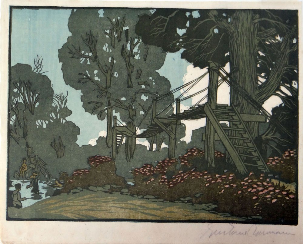 Gustave Baumann "The Suspension Bridge": Artist: Gustave Baumann Title: The Suspension Bridge Suite: In the Hills o' Brown Medium: Original ukiyo-e woodcut on Japon paper Year: 1910 Size: 10 1/4" x 13 5/8"