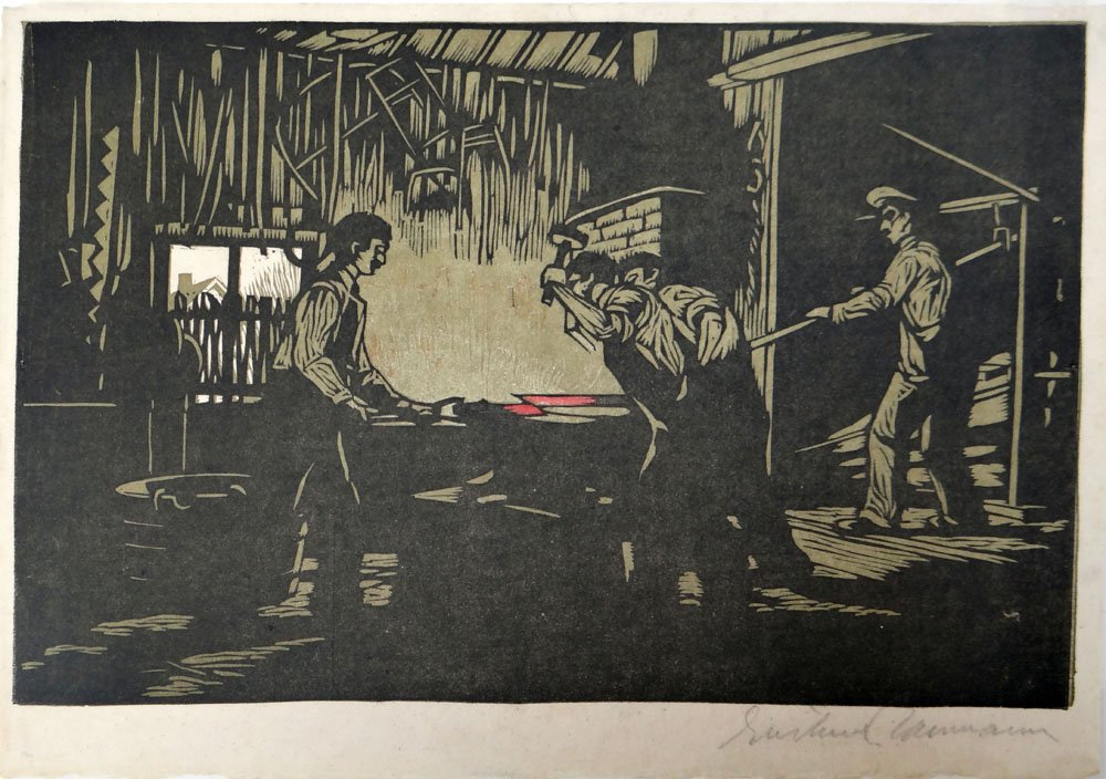 Gustave Baumann "The Blacksmith's Shop": Artist: Gustave Baumann Title: The Blacksmith's Shop Suite: In the Hills o' Brown Medium: Original ukiyo-e woodcut on Japon paper Year: 1910 Size: 10 1/4" x 13 5/8"