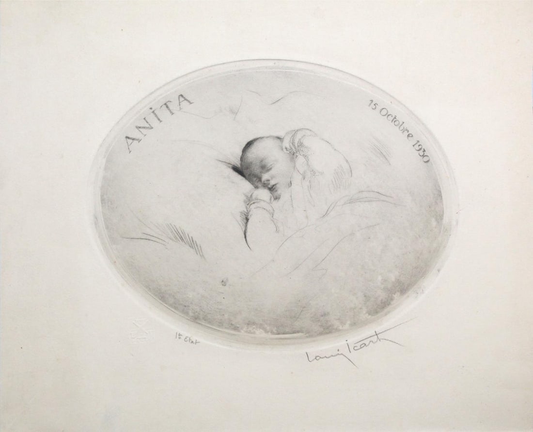 Louis Icart - Sleeping Baby Anita: Artist: Louis Icart Title: Sleeping Baby Anita Dimensions: 11 1/2in. by 9in. Edition: From the rare limited edition Medium: Original etching with hand watercoloring on paper Condition: Excellent