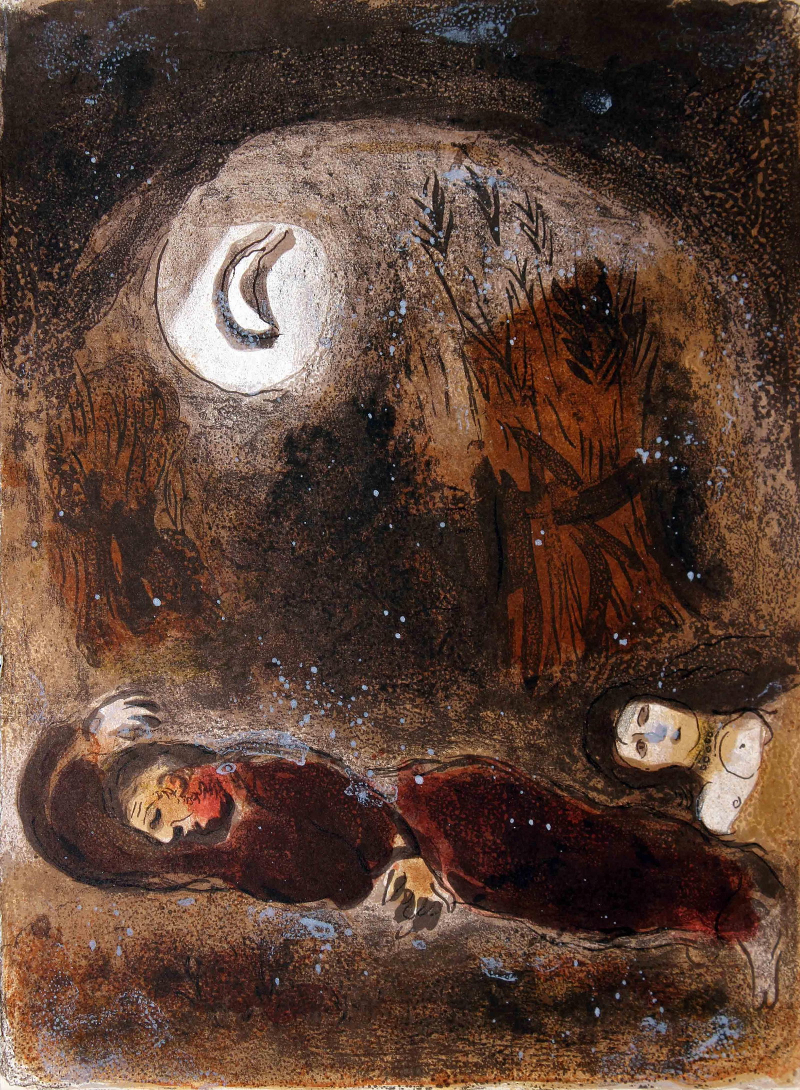 Marc Chagall - Ruth at the Feet of Boaz: Artist: Marc Chagall Title: Ruth at the Feet of Boaz Year: 1956 Dimensions: 10in. by 14in. Edition: From the rare limited edition Publisher: Editions de la Revu