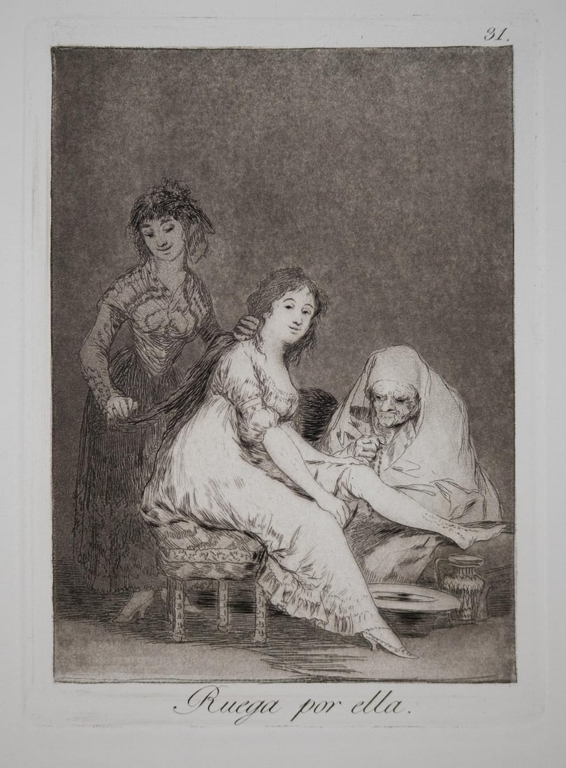 Francisco Goya - Ruega por ella: Artist: Francisco Goya Title: Ruega por ella Year: 1799 Dimensions: 11.5in. by 8.25in. Edition: From the rare limited edition Suite: Los Caprichos Medium: Original etching on paper Condition: