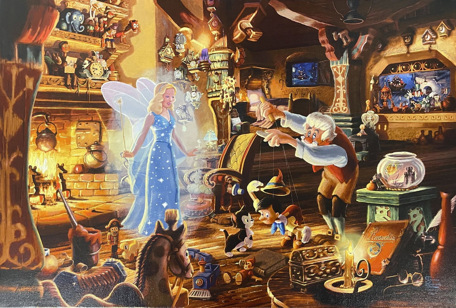 Thomas Kinkade - Gepetto's Pinocchio: Artist: Thomas Kinkade Title: Gepetto's Pinocchio Dimensions: 18 x 27 in. Edition: From the rare limited edition of 295 Medium: Continuous Tone Print on Canvas Condition