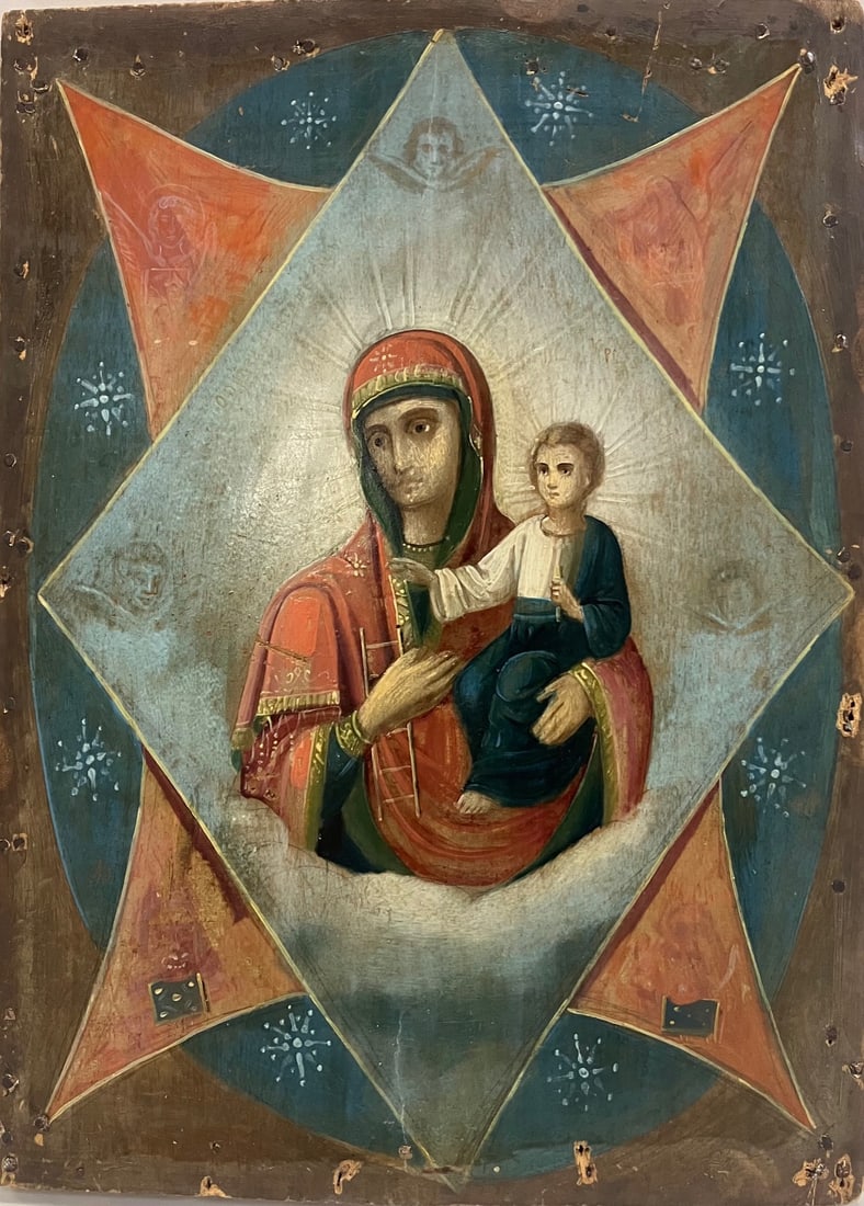 Antique Russian Icon - 19th c. Icon of Burning Bush: Artist: Antique Russian Icon Title: 19th c. Icon of Burning Bush Year: 1800s Dimensions: 9 x 12 x 1/2 in. Edition: One-of-a-Kind work of Art Medium: Oil on Wood Panel Condition: Excellent Comes with