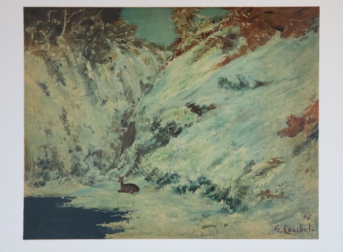 Gustave Corbet - Paysage de neige dans le jura avec (After): Artist: Gustave Corbet Title: Paysage de neige dans le jura avec chevreuil Year: 1867 Dimensions: 23.62in. by 30in. Edition: From the rare limited edition Suite: From the Les Realistes Lyriques