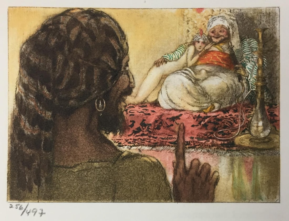 Louis Icart - A Question for the Sultan: Artist: Louis Icart Title: A Question for the Sultan Year: 1935 Dimensions: 7 3/8in. by 9 1/4in. Edition: From the rare limited edition of 497 Publisher: Claude Prosper de Crebillon Suite: La Sopha
