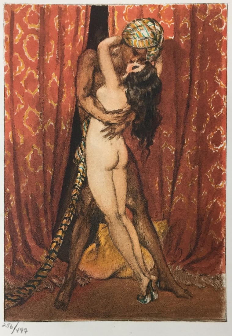 Louis Icart - A Kiss: Artist: Louis Icart Title: A Kiss Year: 1935 Dimensions: 7 3/8in. by 9 1/4in. Edition: From the rare limited edition of 497 Publisher: Claude Prosper de Crebillon Suite: La Sopha Medium: Original