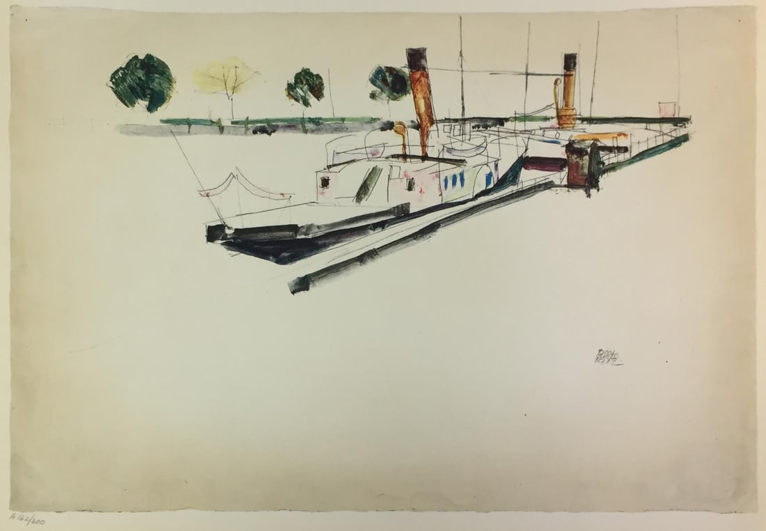Egon Schiele (After) - Paddle-steamer at the Quay: Artist: Egon Schiele (After) Title: Paddle-steamer at the Quay Year: 1969 Dimensions: 19 3/4in. by 14 1/4in. Edition: From the Rare Limited Edition of 300 Publisher