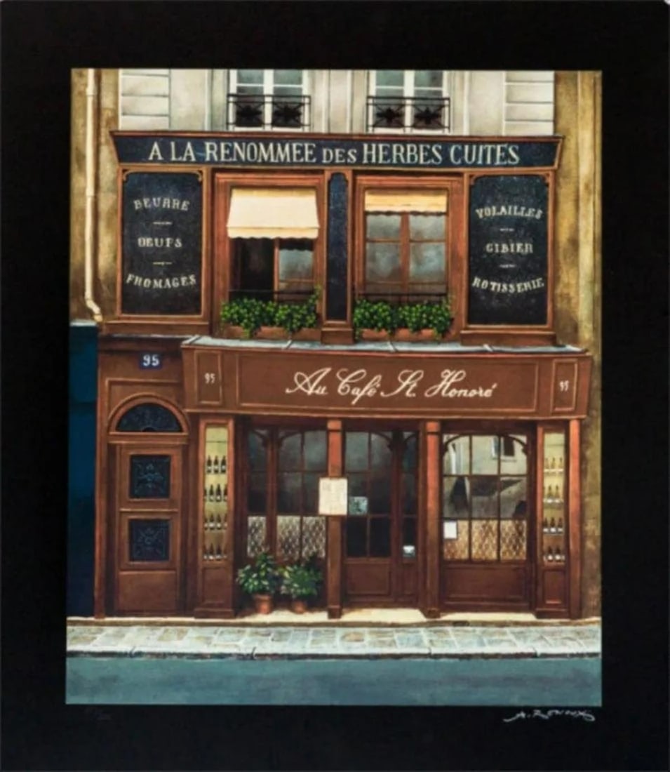 Andre Renoux - Cafe St. Homore: Artist: Andre Renoux Title: Cafe St. Homore Year: 1980 Dimensions: 26.5in. by 23in. Edition: From the Rare Limited Edition of 200 Medium: Serigraph in Colors Condition: Excellent Signature Details:
