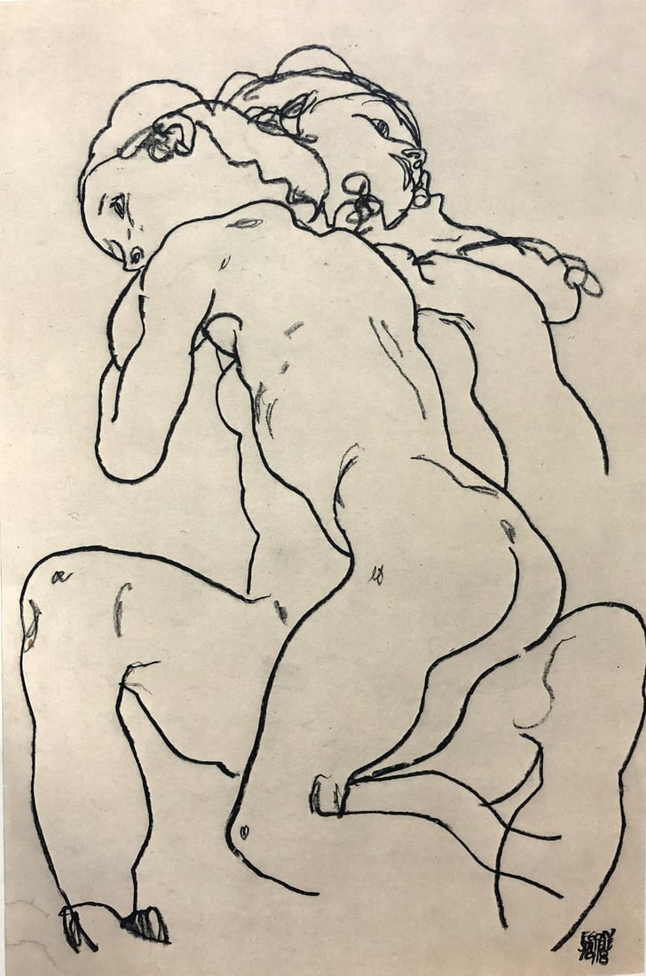 Egon Schiele (After) - Due ragazze che si abbracciano: Artist: Egon Schiele (After) Title: Due ragazze che si abbracciano (Two Girls Hugging each other) 1918 Year: 1982 Dimensions: 16 1/4in. by 12in. Publisher: Mazzotta 1982 Suite: Erotic Drawings