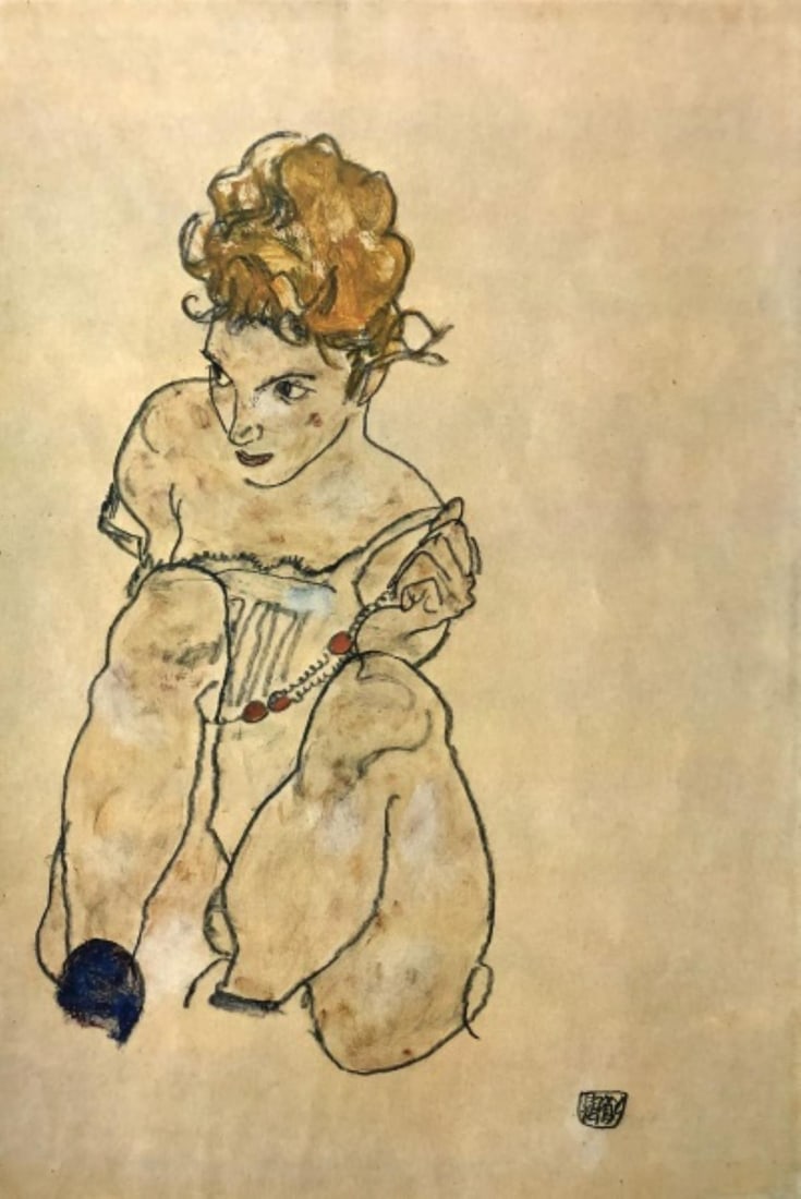 Egon Schiele (After) - Sitting Woman: Artist: Egon Schiele (After) Title: Sitting Woman Year: 1982 Dimensions: 16 1/4in. by 12 1/8in. Publisher: Mazzotta 1982 Suite: Erotic Drawings Medium: Offset Lithograph Signature Details: Signed on