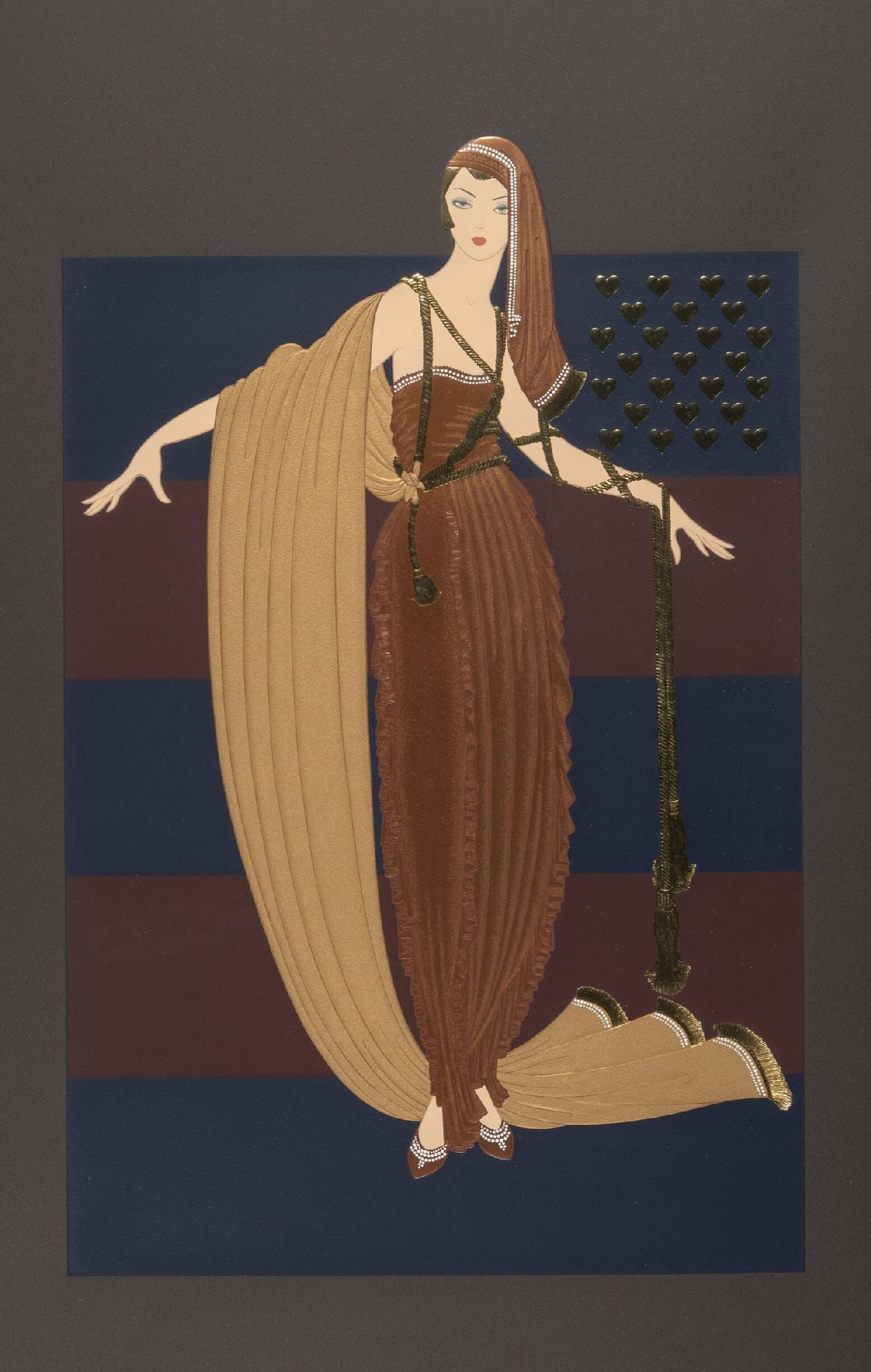 Erte - Fringe Cape: Artist: Erte Title: Fringe Cape Year: 1987 Dimensions: 40 x 26 1/4 in. Edition: XXXII from the limited edition of CCL Publisher: Chalk & Vermilion Fine Arts, Lt