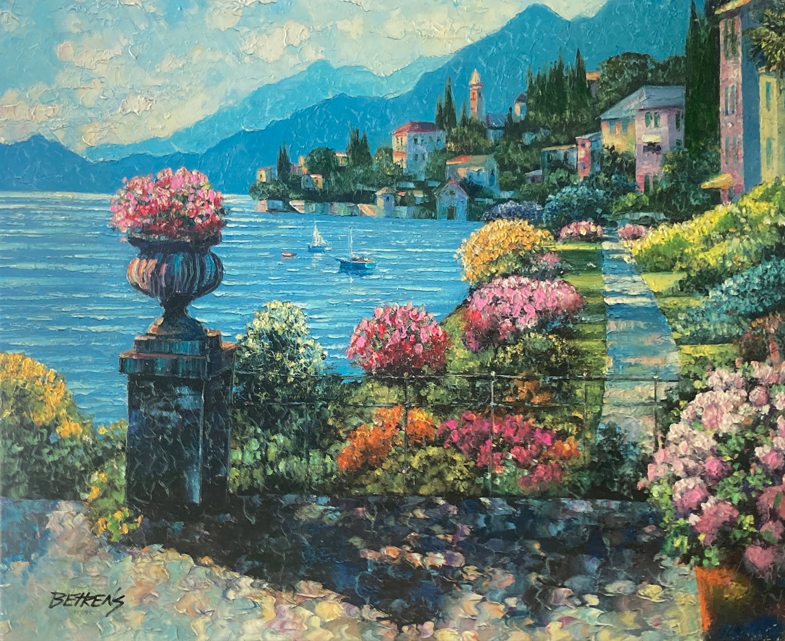 Howard Behrens - Varenna Morning: Artist: Howard Behrens Title: Varenna Morning Year: 2010 Dimensions: 32 x 24 in. Edition: From the rare limited edition of 195 Medium: Original giclee in colors on canvas with hand embellishment
