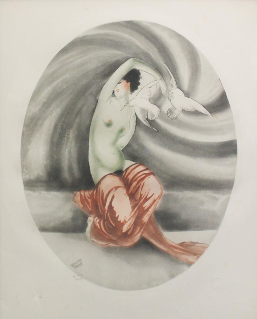 William Fadat (Pseudonym of Louis Icart) - Woman with: Artist: William Fadat (Pseudonym of Louis Icart) Title: Woman with Doves Year: c. 1925 Dimensions: 24in. by 19in. Edition: From the Rare Limited Edition Medium: Original Etching with Aquatint on