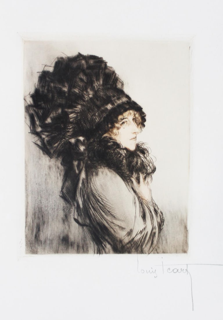 Louis Icart - Femme au Chapeau: Artist: Louis Icart Title: Femme au Chapeau Year: c. 1906 Dimensions: 12in. by 15 1/4in. Edition: From the Rare Limited Edition Medium: Original Etching with Hand Coloring Condition: Excellent