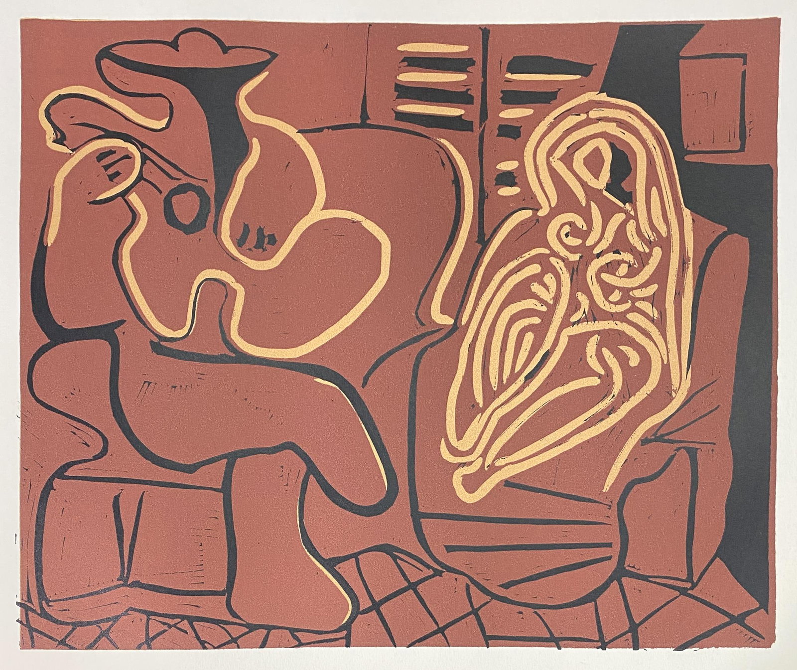 Pablo Picasso - Femme dans un fautueil et guitariste (After): Artist: Pablo Picasso Title: Femme dans un fautueil et guitariste Year: 1962 Dimensions: 12.75in. by 15.5in. Edition: From a rare limited edition Publisher: Verlag Gerd Hatje Stuttgart Suite: Picasso