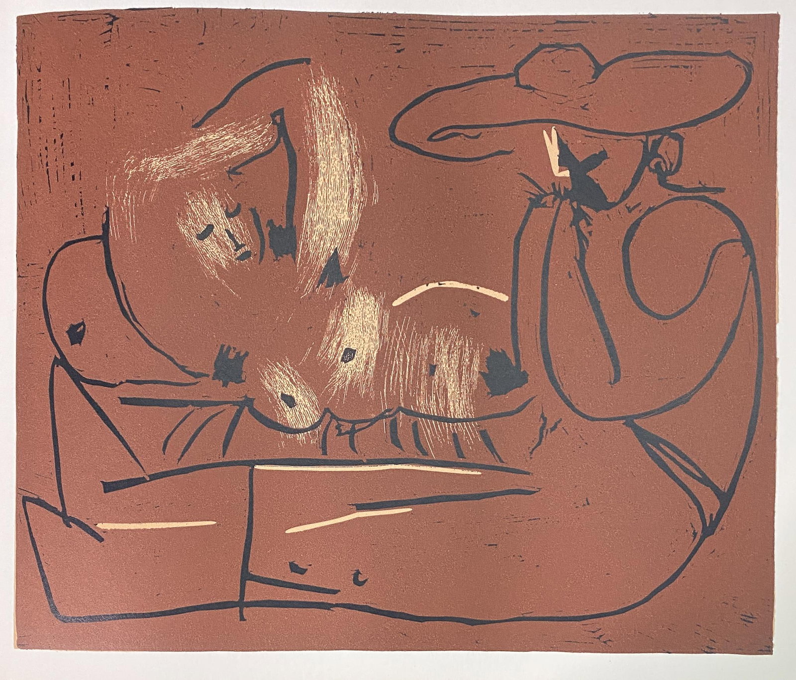 Pablo Picasso - Femme couchee et homme au grand chapeau (After): Artist: Pablo Picasso Title: Femme couchee et homme au grand chapeau Year: 1962 Dimensions: 12.75in. by 15.5in. Edition: From a rare limited edition Publisher: