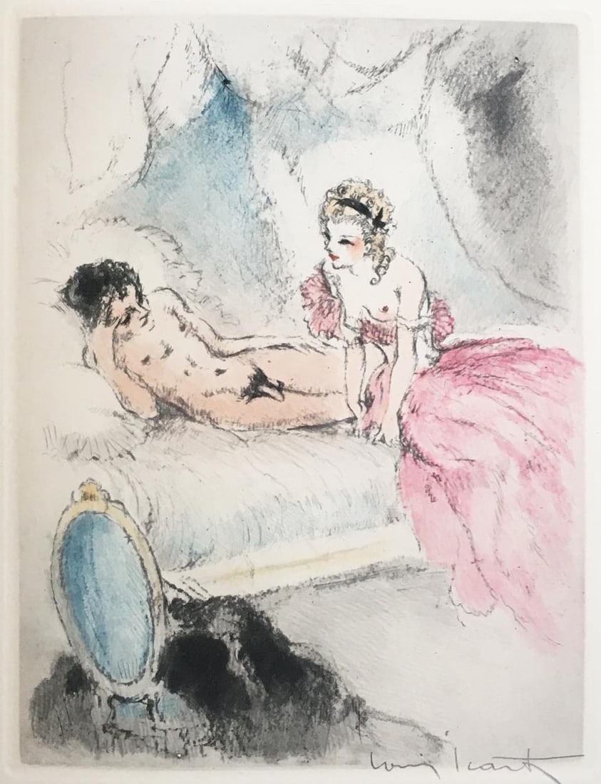 Louis Icart - The Whole Package: Artist: Louis Icart Title: The Whole Package Year: 1947 Dimensions: 11in. by 8.5in. Edition: From the rare limited edition Publisher: Georges Guillot Editeur: Paris Suite: Felecia ou Mes Fredaines