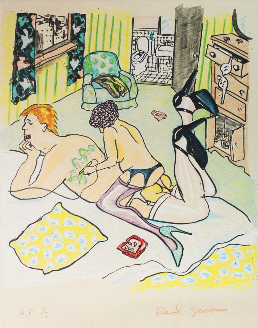 Red Grooms - The Tattoo Artist: Artist: Red Grooms Title: The Tattoo Artist Year: 1981 Dimensions: 38in. by 25in. Edition: From the Rare Limited Edition of 10 Medium: Lithograph in Colors Condition: Excellent Signature Details: