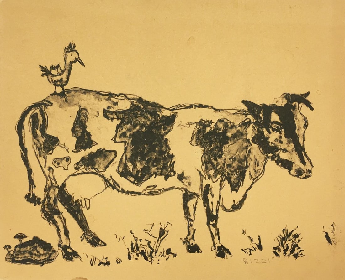 James Rizzi - Tweety Birds Cow: Artist: James Rizzi Title: Tweety Birds Cow Dimensions: 10 1/2in. by 13in. Edition: From the Rare Limited Edition Medium: Monoprint on Paper Condition: Excellent Signature Details: Hand Signed by