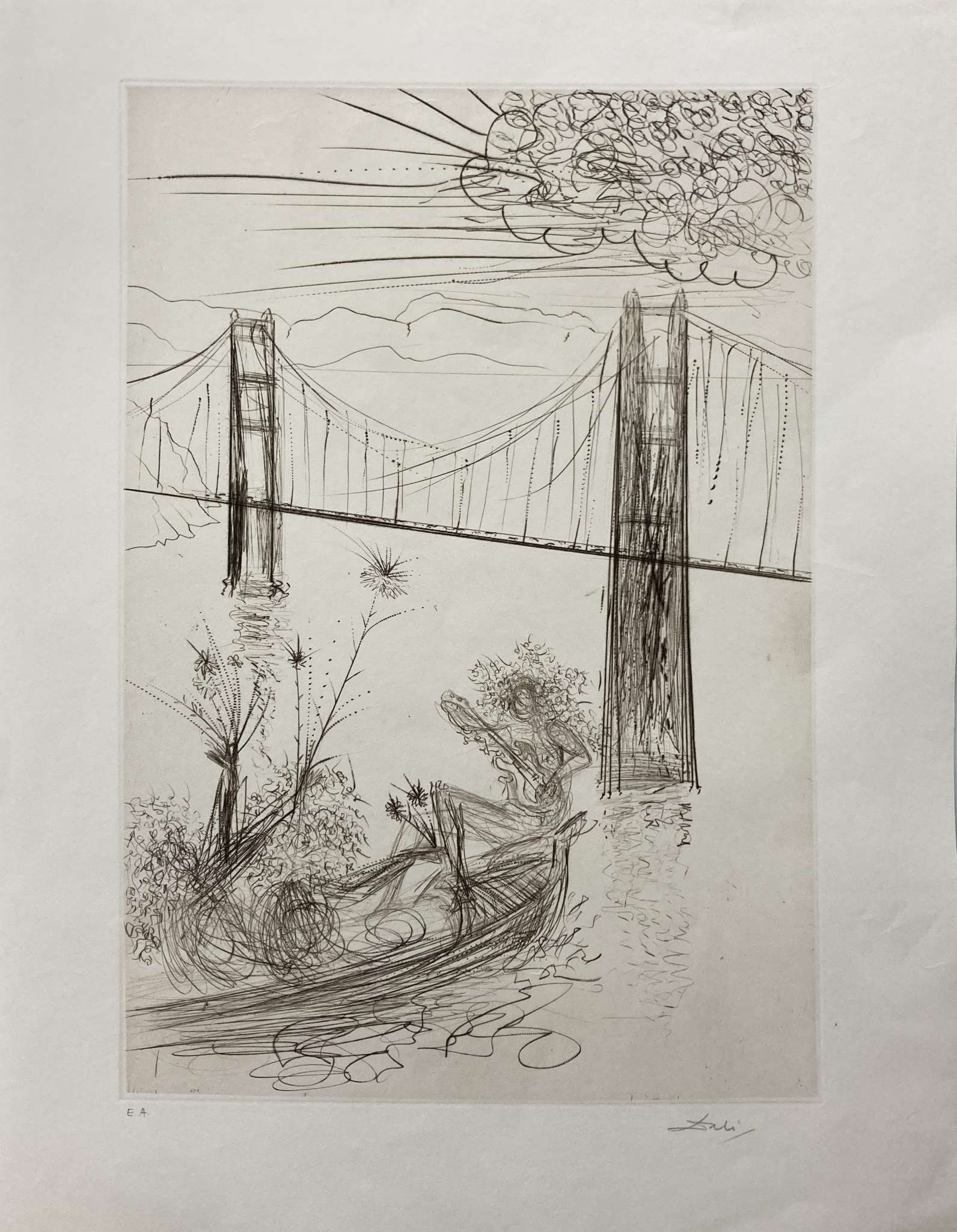 Salvador Dali - Golden Gate Bridge: Artist: Salvador Dali Title: Golden Gate Bridge Year: 1970 Dimensions: 26 1/2 x 19 1/2 in. Edition: EA From the rare limited edition Publisher: Jean Schneider Suite: San Fransico Medium: Original