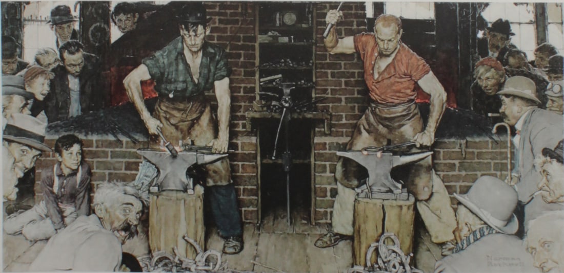 Norman Rockwell - Shaftsbury Blacksmith Shop: Artist: Norman Rockwell Title: Shaftsbury Blacksmith Shop Dimensions: 17 x 29 in. Edition: From the rare limited edition of 200 Medium: Original lithograph on paper