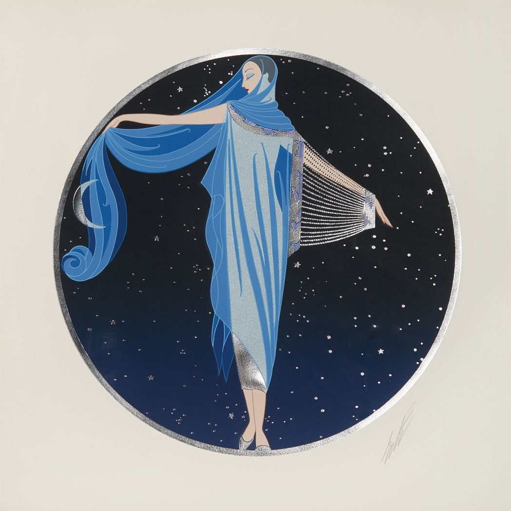 Erte - Moonlight: Artist: Erte Title: Moonlight Year: 1984 Dimensions: 19 1/2 x 20 in. Edition: from the limited edition of CXXV Publisher: Chalk & Vermilion Fine Arts, Ltd. Medium: Serigraph in colors with foil