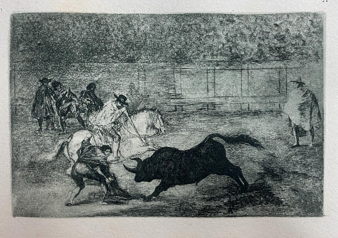 Francisco Goya - La Tauromaquia A: Artist: Francisco Goya Title: La Tauromaquia A Year: 1944 Dimensions: 9.5in. by 6.75in. Edition: From the Rare Limited Edition of 500 Publisher: Editorial Victoria, Barcelona Suite: La Tauromaquia