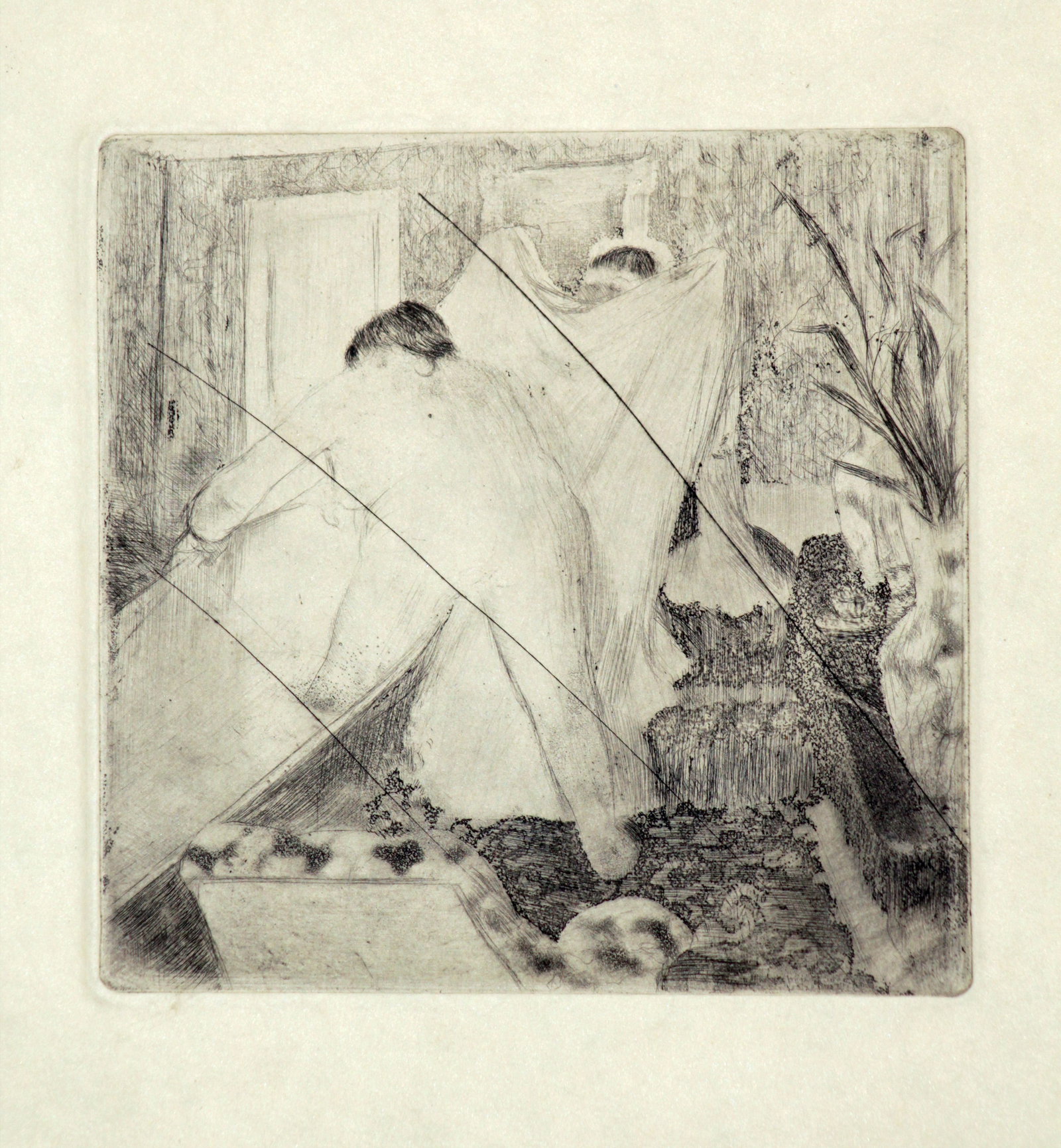 Edgar Degas - Leaving the Bath (Cancelled Plate): Artist: Edgar Degas Title: Leaving the Bath (Cancelled Plate) Year: 1880 Dimensions: 10 5/8in. by 6 11/16in. Edition: From the rare limited edition Medium: Original etching from cancelled plate on