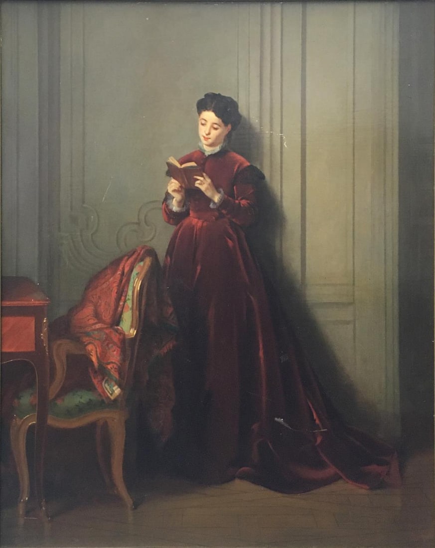 Eugene Accard - Woman Reading: Artist: Eugene Accard Title: Woman Reading Dimensions: 10 3/4in. by 8 3/4in. Edition: Unique One of a Kind Artwork Medium: Original Oil on Panel Condition: As P