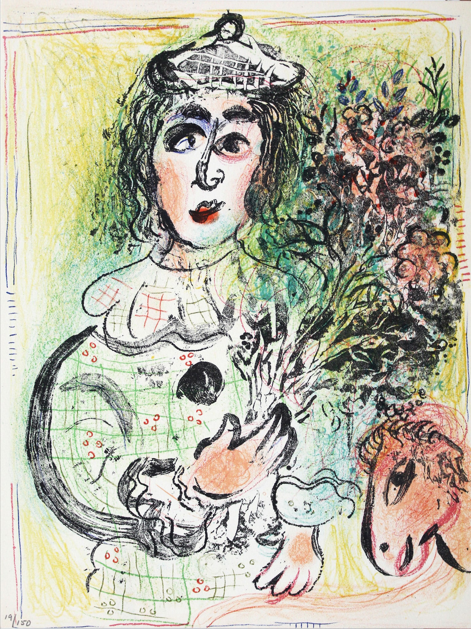 Marc Chagall - The Clown with Flowers: Artist: Marc Chagall Title: The Clown with Flowers Year: 1963 Dimensions: 12 1/2 x 9 1/2 in. Edition: From the limited edition Publisher: Atelier Mourlot, Paris