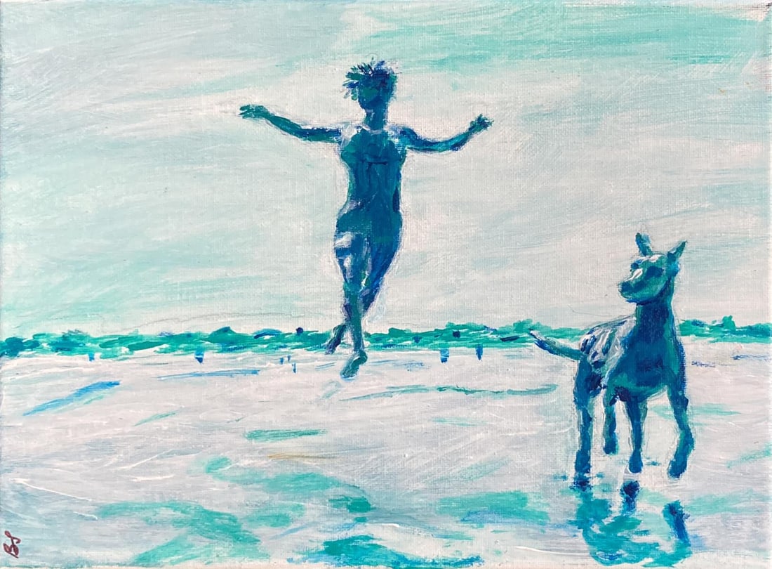 Barry Schechter - Buddy's Beach Romp: Artist: Barry Schechter Title: Buddy's Beach Romp Year: 2015 Dimensions: 9in. by 12in. Edition: Unique Original One of a Kind Artwork Medium: Acrylic on Canvas Condition: Excellent Signature Details: