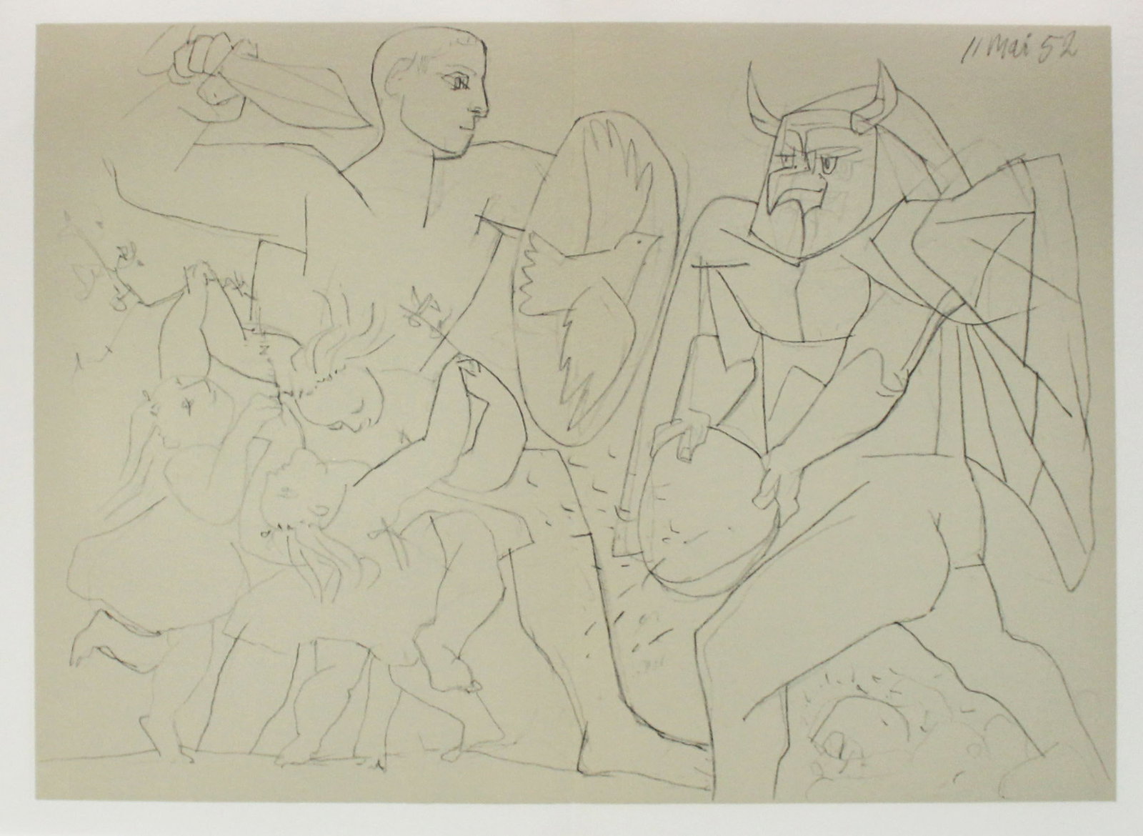 Pablo Picasso - 11 Mai 52: Artist: Pablo Picasso Title: 11 Mai 52 Dimensions: 22 x 15 in. Edition: From the rare limited edition Suite: La Guerre et La Paix Medium: Original Lithograph