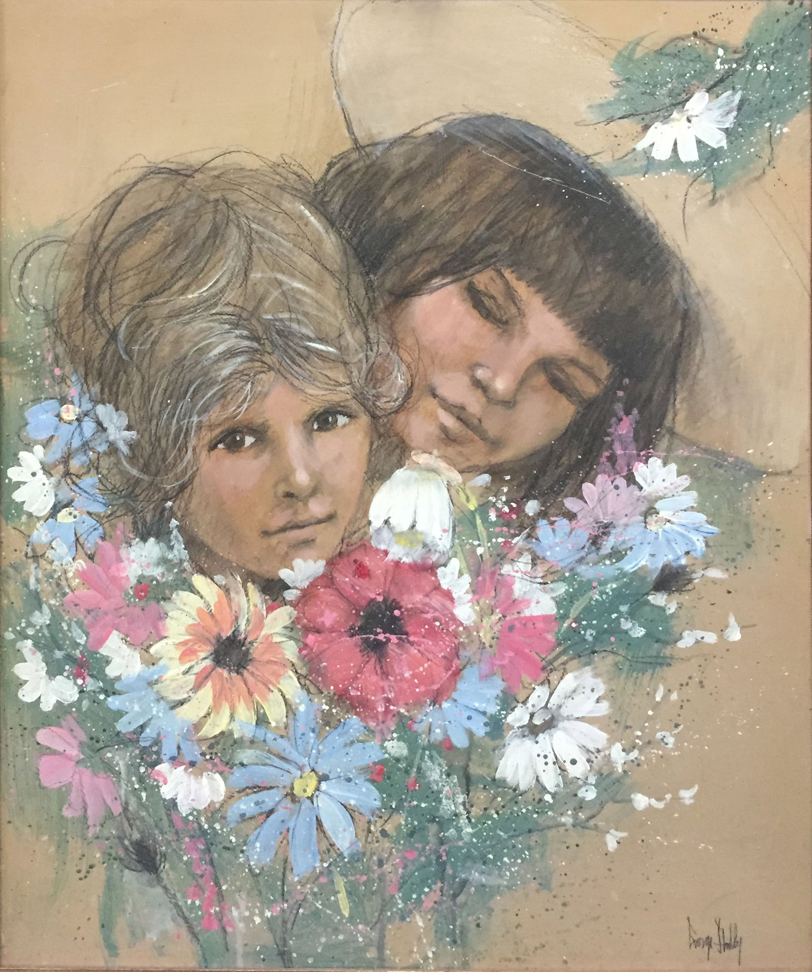George Shelly - Girls in Flowers: Artist: George Shelly Title: Girls in Flowers Dimensions: 24in. by 20in. Edition: Unique One of a Kind Artwork Medium: Original Acrylic on Masonite Condition: Excellent Signature Details: Hand Signed
