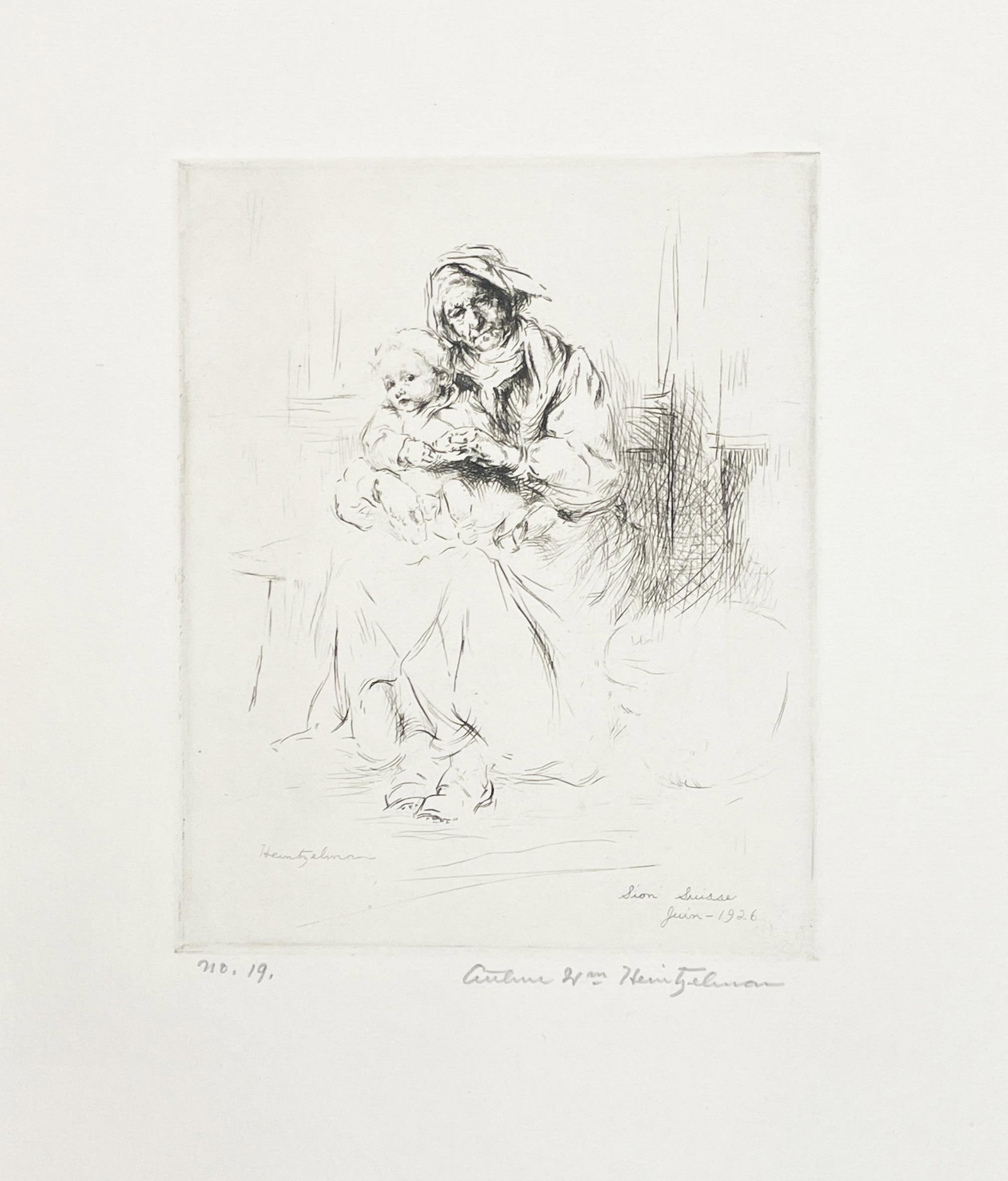 Arthur W. Heintzelman - Mother and Child: Artist: Arthur W. Heintzelman Title: Mother and Child Year: 1926 Dimensions: 12in. by 8 3/4in. Edition: From the rare limited edition of 150 Medium: Original Etching on Paper Condition: Excellent