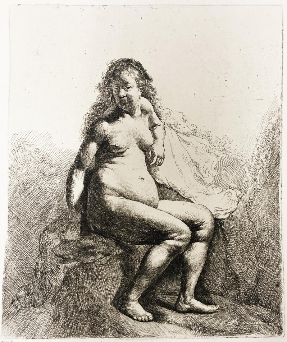 Rembrandt van Rijn (After 1883) - Female Seated On A Mound: Artist: Rembrandt van Rijn (After 1883) Title: Female Seated On A Mound Year: 1883 Dimensions: 7.5in. by 7in. Edition: From the rare limited edition Suite: LOeuvre Complet De Rembrandt Medium: