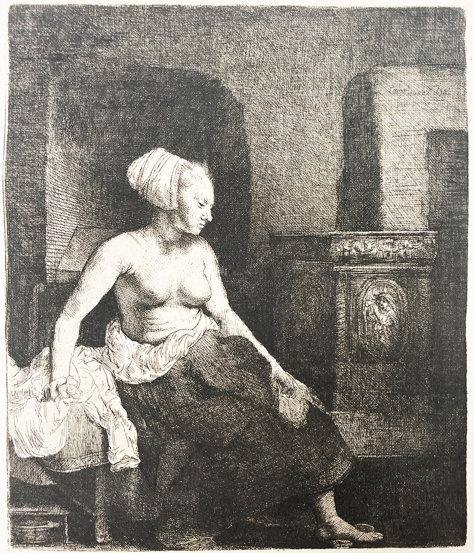 Rembrandt van Rijn (After 1883) - Woman Sitting Half Dressed Beside A Stove: Artist: Rembrandt van Rijn (After 1883) Title: Woman Sitting Half Dressed Beside A Stove Year: 1883 Dimensions: 10in. by 8.5in. Edition: From the rare limited edition Suite: LOeuvre Complet De