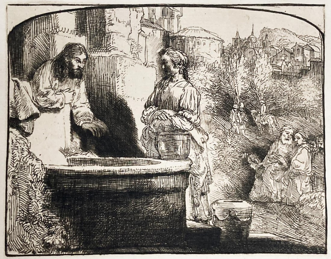 Rembrandt van Rijn (After 1883) - Christ and the Woman of Samaria: Artist: Rembrandt van Rijn (After 1883) Title: Christ and the Woman of Samaria Year: 1883 Dimensions: 7in. by 6in. Edition: From the rare limited edition Suite: LOeuvre Complet De Rembrandt Medium: