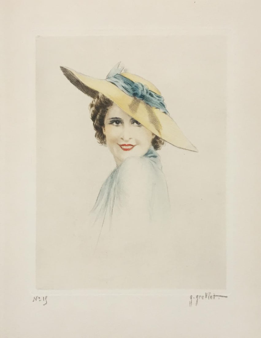 George Grillet (In the Style of Louis Icart) - The Hat: Artist: Unknown Artist (In the Style of Louis Icart) Title: The Hat Dimensions: 9 1/4in. by 6 7/8in. Edition: From the Rare Limited Edition Medium: Drypoint Etching in Colors Condition: Excellent