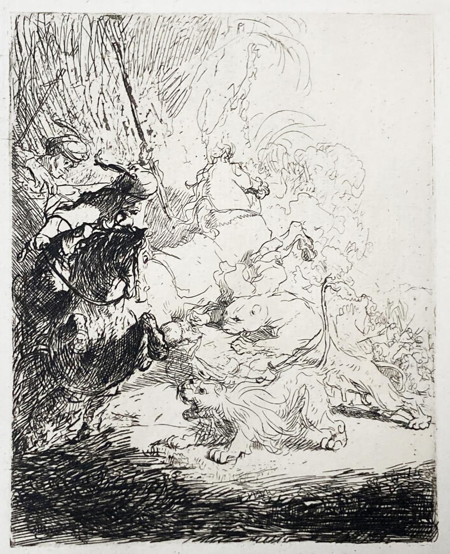 Rembrandt van Rijn (After 1883) - Small Lion Hunt (Two Lions): Artist: Rembrandt van Rijn (After 1883) Title: Small Lion Hunt (Two Lions) Year: 1883 Dimensions: 7in. by 5.5in. Edition: From the rare limited edition Suite: LOeuvre Complet De Rembrandt Medium: