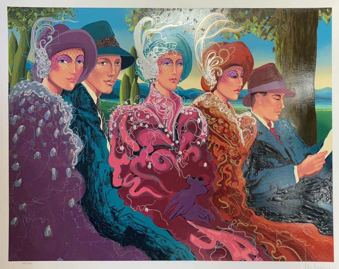 Otto Aguiar - Sunday In the Park: Artist: Otto Aguiar Title: Sunday In the Park Year: 1993 Dimensions: 42.5in. by 36.5in. Edition: From the rare limited edition of 250 Medium: Serigraph on paper Condition: Excellent Signature