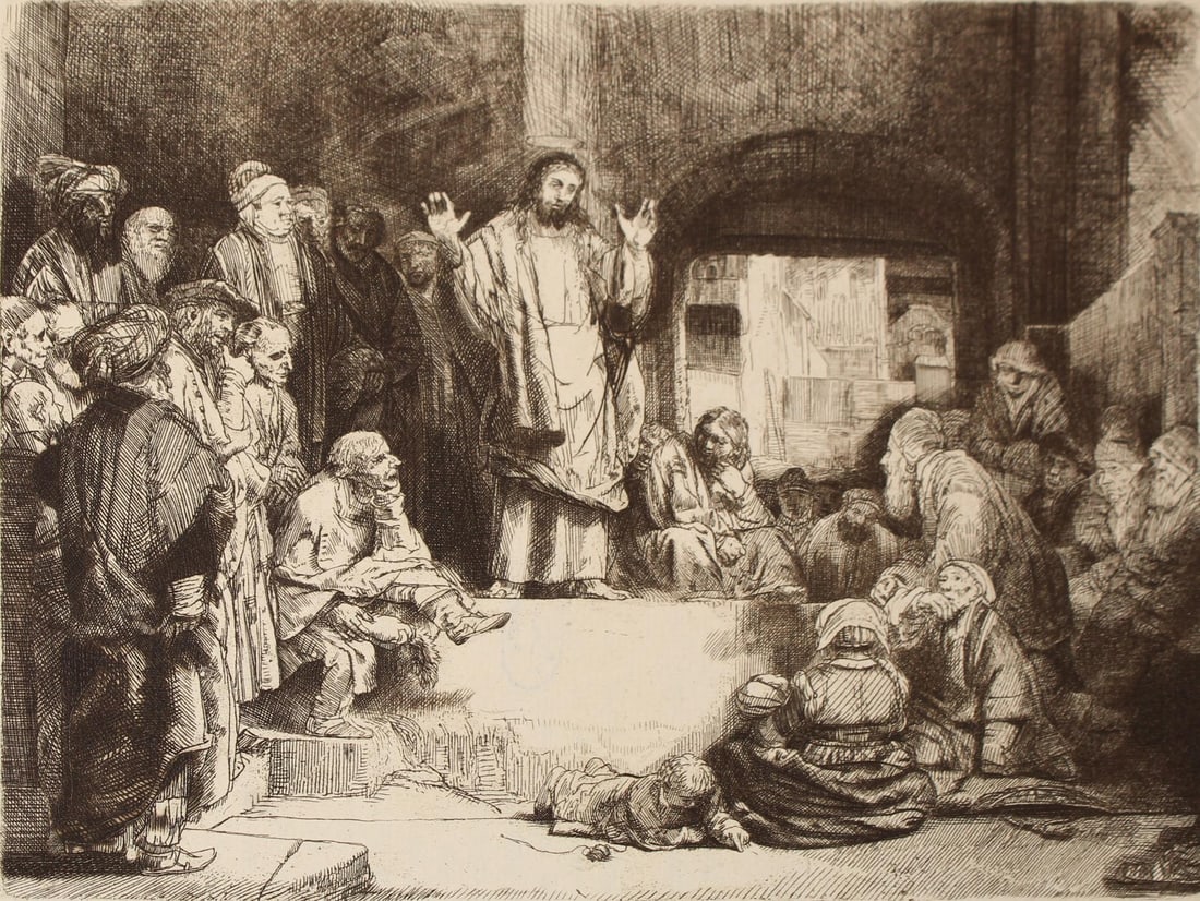 Rembrandt van Rijn (after) - Jesus Christ Preaching: Artist: Rembrandt van Rijn (after) Title: Jesus Christ Preaching Year: 1888 Dimensions: 14.6in. by 11.5in. Edition: From the rare limited edition Suite: Rembran