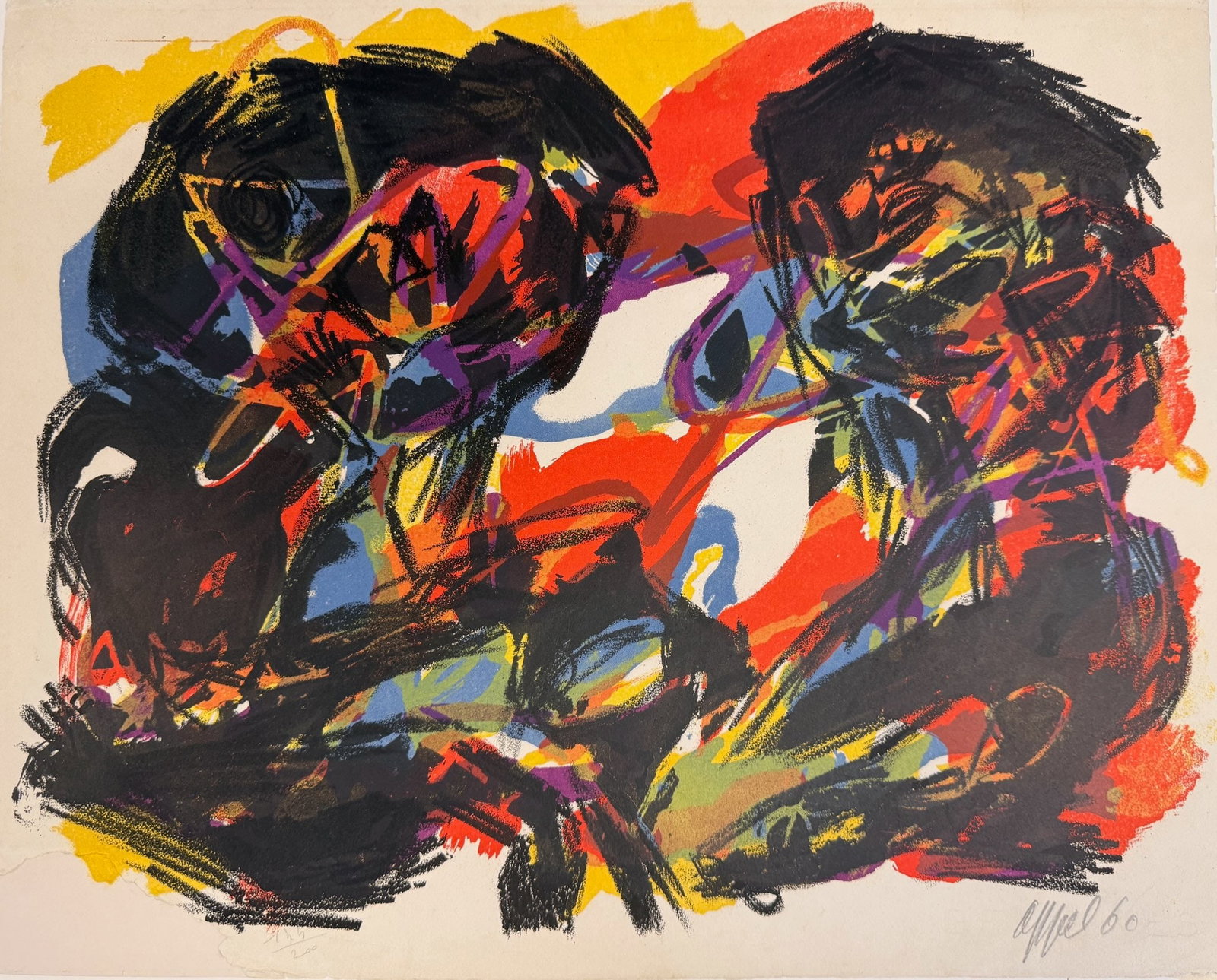 Karel Appel - Conversation: Artist: Karel Appel Title: Conversation Year: 1960 Dimensions: 17 3/4 x 22 1/4 in. Edition: From the edition of 200 Medium: Color lithograph on paper Condition: Slightly damaged as shown contact for