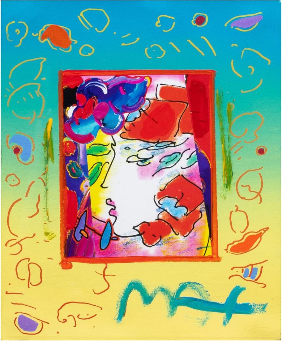 Peter Max - Blushing Beauty: Artist: Peter Max Title: Blushing Beauty Dimensions: 10 1/4 x 8 1/2 in. Medium: Acrylic and print on paper Condition: Excellent Signature Details: Hand signed Comes with Letter of authenticity and